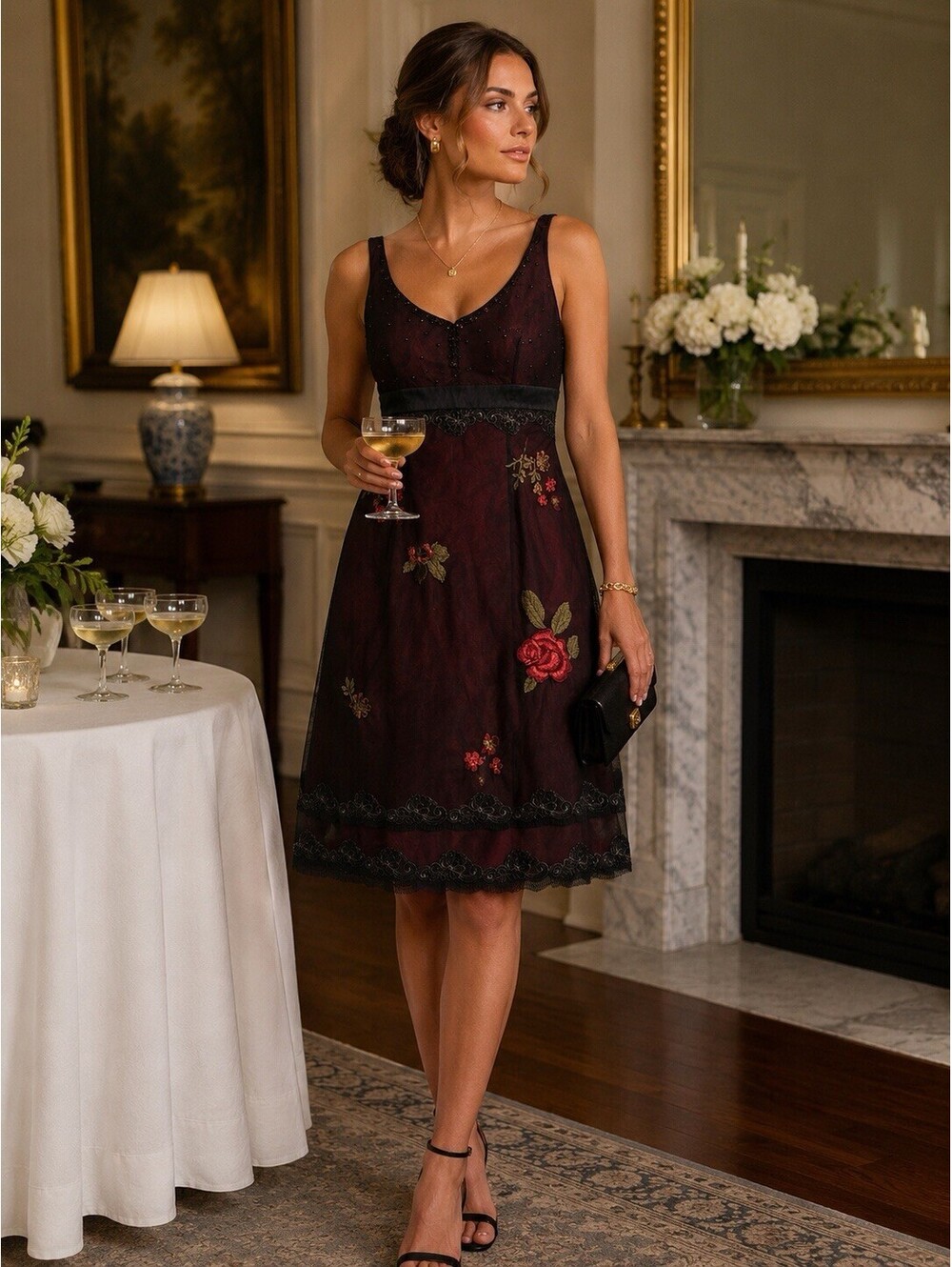 Adrianna Papell Size 12 Burgundy Black Embroidered Floral Beaded Cocktail Dress